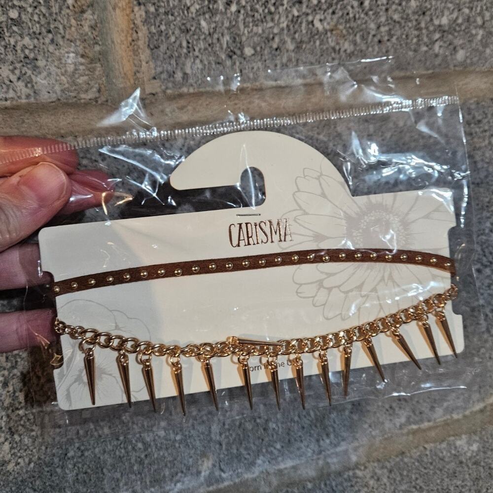 Carisma Gold-Tone Spike and Faux Brown Suede Studded Choker Set ~ Western Punk